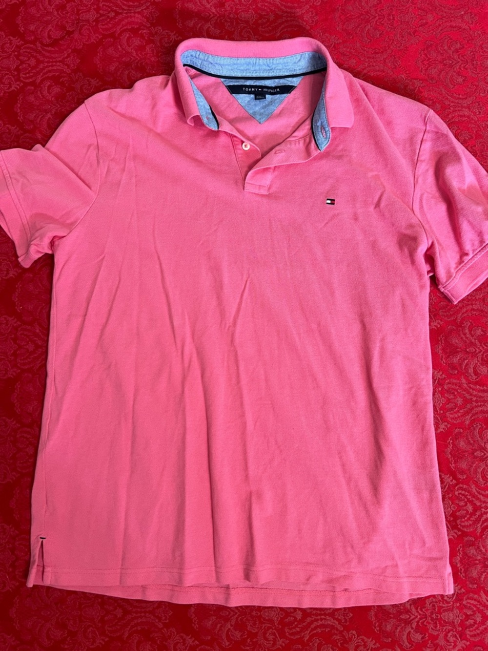 Tommy Hilfiger Coral Pink Polo Shirt Men’s XL Contrast Collar Cotton